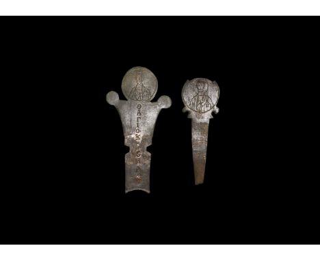 12th century AD. A pair of bronze arm fragments from a processional cross comprising: one with flared end, two small lobes fl