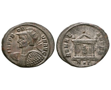 277-280 AD. Rome mint. Obv: IMP PROB-VS AVG legend with radiate helmeted and cuirassed bust left holding spear and shield. Re