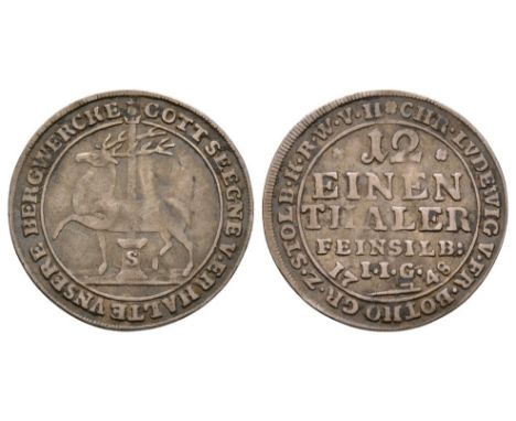 Dated 1748 AD. Christof Ludwig II and Friedrich Botho. Obv: with 12 / EINEN / THALER / FEIN SILB / I I G in five lines and da