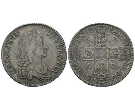 Dated 1672 AD. Third bust. Obv: profile bust with CAROLVS II DEI GRATIA legend. Rev: cruciform arms with harp with seven stri