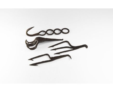 10th-11th century AD. A mixed group of iron tools comprising: two barbed eel-spears, one with a tine absent; a pothook with g