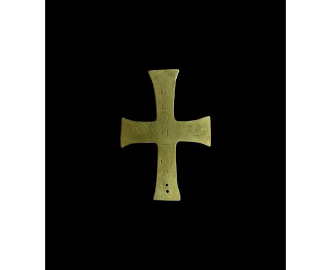 11th century AD. A bronze processional cross with two attachment holes to the lower edge, incised text to one face 'KEONTWC W