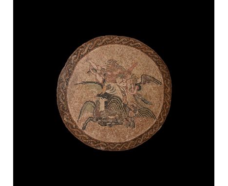 3rd-4th century AD. A circular mosaic centre panel mounted on a backboard; the scene finely executed, some reconstitution, de