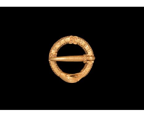 13th-14th century AD. A gold annular brooch with sub-circular frame, sub-rectangular in cross-section, with moulded decoratio