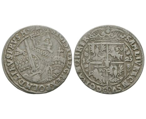 Dated 1623 AD. Bromberg mint. Obv: half bust holding sword and orb with SIGIS III D G REX POL M D ET RVS PRVS M legend. Rev: 