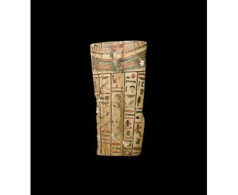 Third Intermediate Period, 1070-664 BC. A wooden coffin panel with gesso and painted surface; to the top a Broad Collar with 