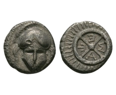 450-350 BC. Obv: crested helmet facing. Rev: quadripartite radiate wheel with M-E-T-A anti-clockwise in the quarters. SNG BMC