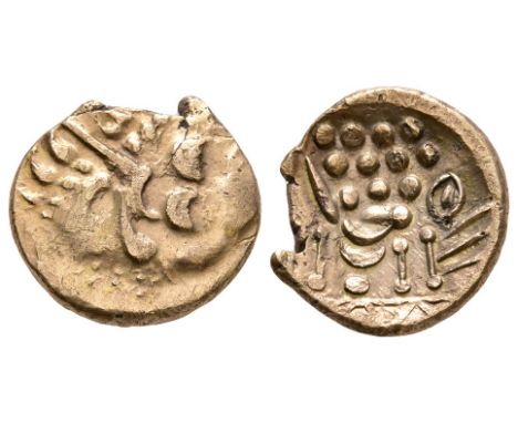 65-30 BC. Obv: wreath cloak and crescents. Rev: disjointed horse left multiple pellets above, pellet-in-oval ('eye') above ta