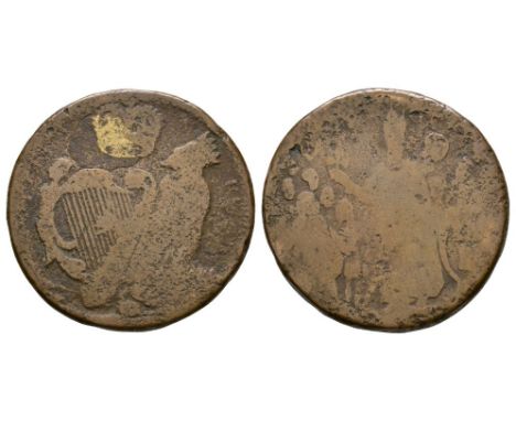 Undated (1682 AD"). Charles II, St Patrick's coinage. Obv: crown over St David playing harp with FLOREAT REX legend; brass sp