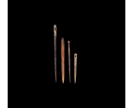 1st-3rd century AD. A mixed bone group comprising: a dress pin with knop finial; a thick pin with conical finial; two flat-se