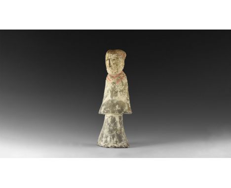 Tang Dynasty, 618-907 AD. A ceramic figure of a servant wearing long robes, hands within the sleeves held at waist; hair pull