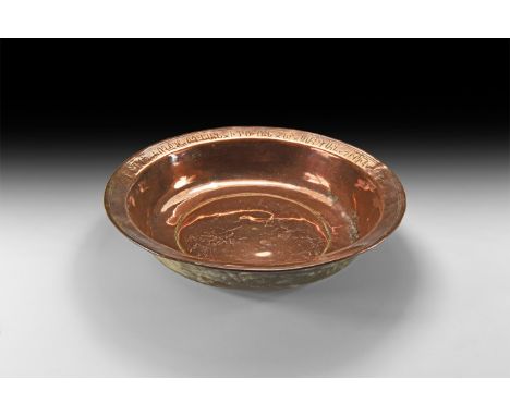 18th century AD. A copper bowl with flared rim engraved with Armenian inscription; shallow body with wide foot ring.   625 gr