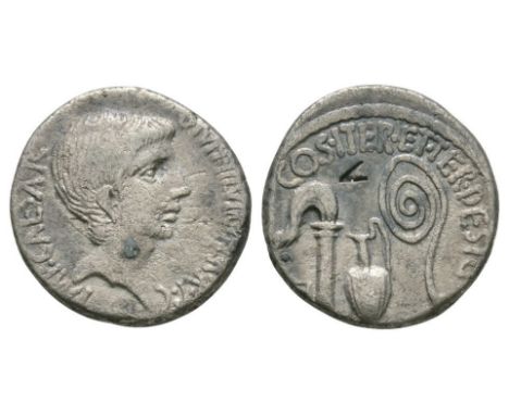 Summer 37 BC. Italy mint. Obv: IMP CAESAR DIVI F III ITER R P C legend with bare head right. Rev: COS ITER ET TER DESIG legen