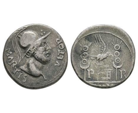 March-May 68 AD. Revolt in Gaul, Vienne mint. Obv: MARTIS VLTOR legend with helmetted bust of Mars right. Rev: legionary eagl