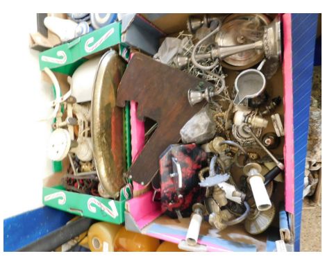 TWO BOXES CONTAINING ASSORTED SCALES, FIRE DOG, TWO BRANCH LIGHT FITTINGS, CANDELABRA ETC (2) 