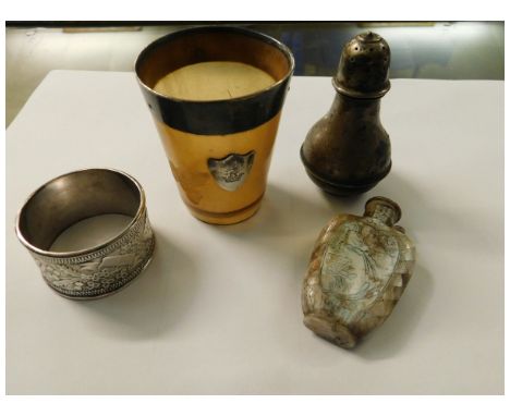 HORN SILVER MOUNTED SMALL BEAKER, A WHITE METAL NAPKIN RING AND A MOTHER OF PEARL INLAID SCENT BOTTLE (4) 