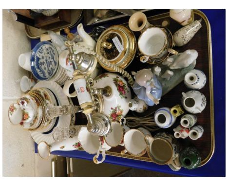 TRAY CONTAINING MIXED CHINA WARES, SMALL VASES, OLD COUNTRY ROSE TELEPHONE, SAUCERS, CUPS ETC 