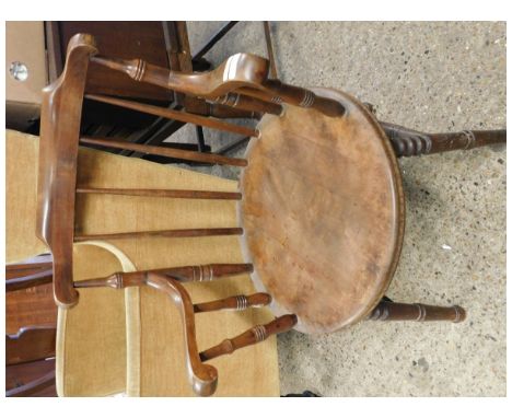 BEECHWOOD FRAMED STICK BACK CIRCULAR HARD SEATED ARMCHAIR WITH GREEN UPHOLSTERY 