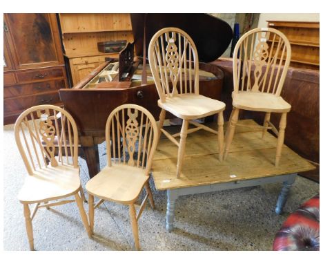 SET OF FOUR BEECHWOOD HARD SEATED STICK BACK WHEEL BACK KITCHEN CHAIRS 