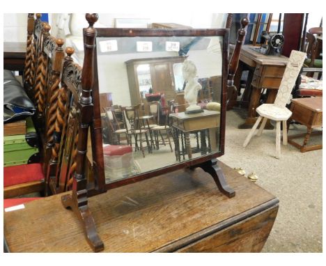 19TH CENTURY MAHOGANY SWING MIRROR WITH RING TURNED UPRIGHTS CRESTED WITH BALL FINIALS AND TERMINATING IN SPLAYED FEET, 49CM 