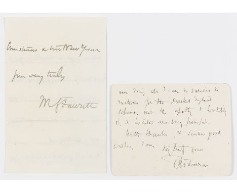 Fawcett (Dame Millicent Garrett, leader of the constitutional women's suffrage movement and author, 1847-1929) Autograph Lett