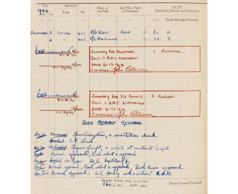 Flying Log.- Goldcrown (John, Flight Lieutenant RAF) Pilots Flying Log Book, printed pages with manuscript insertions, 26pp. 