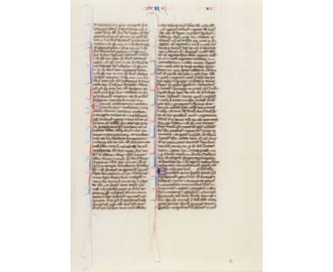 Bible, Latin. Single leaf, illuminated manuscript in Latin, on vellum, in a very small gothic bookhand, 49 lines, written in 