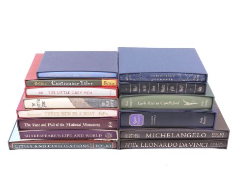 A collection of assorted Folio Society Press books in slipcases. Including K Clark - Leonardo da Vinci, Jerome - Three Men in