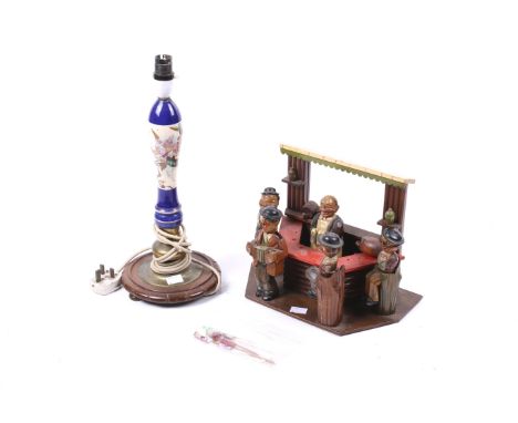 A mid century Black Forest style carved cocktail bar set and beer pump table lamp. Consisting of set made by Anri, Italy with