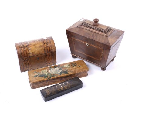 Two tea caddys and 2 other boxes.Large mahogany inlaid tea caddy,with a walnut inlaid caddy.Two smaller boxes a black laquere
