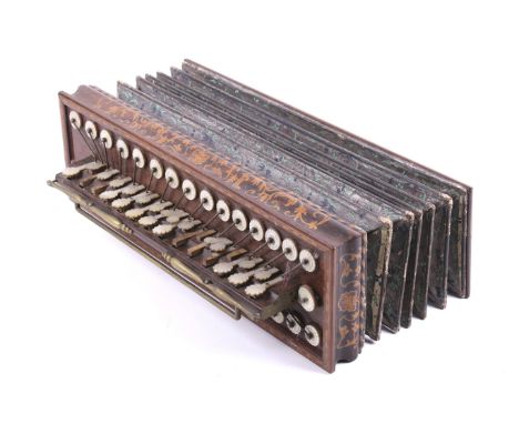 An inlaid and mother of pearl rosewood melodeon / squeezebox. Having five fold bellows, brass fittings and mother of pearl ke