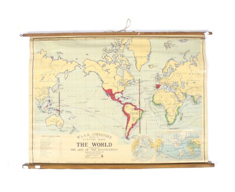 A W. & A. K. Johnson wall hanging world map. Titled 'The World', from the 'History Maps' series, illustrating the discovery v
