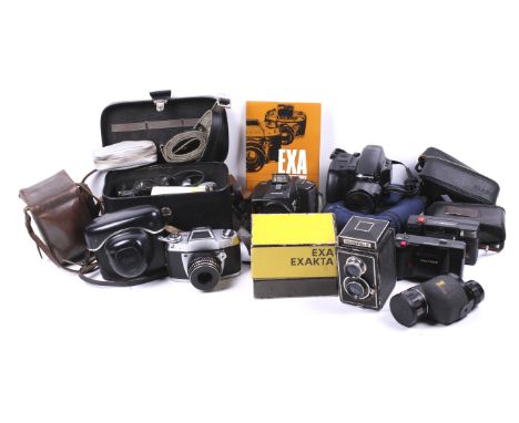 Group of assorted vintage film cameras and some accessories.  Including Reflekta II Junior twin lens and an Glanz Micro T-M M
