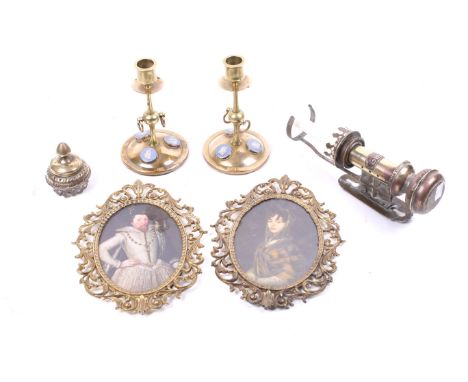 Group of five assorted metalware items. Including a pair of brass candlesticks and a GWR wall light, etc. Max. H32cm