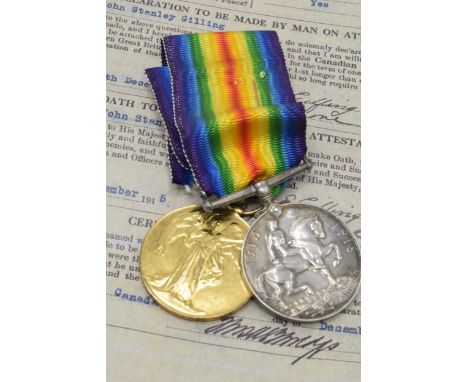 World World One (WW1) pair of medals G V Sapper J S Gilling Royal Grenadiers serving with Canadian Grenadiers EP Force with p
