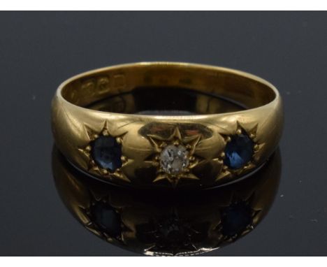 18ct gold Edwardian sapphire and diamond gypsy ring, Birmingham 1911, 4.1 grams, size R.  