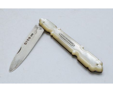 Silver and Mother of Pearl fruit knife, Birmingham 1856, 9cm long.  Small hairline crack to M.o.P. on one side.