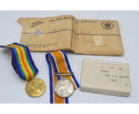 World World One (WW1) pair of medals to include 1914-1918 and Great War in envelope and box Sapper J W Lambert R E.  