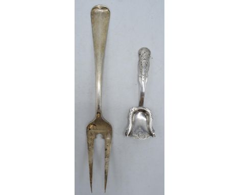 Continental silver two-prong fork together with similar sugar spoon (2), 82.3 grams. 23cm long.