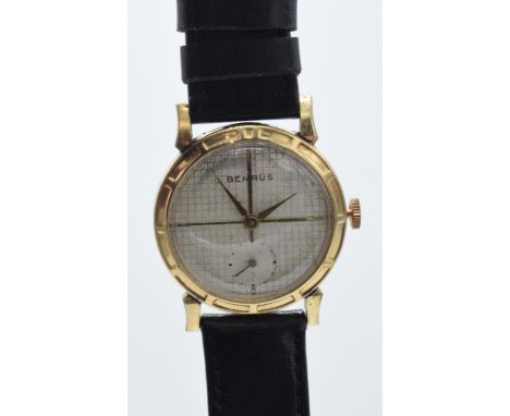 Vintage Benrus 10ct rolled gold manual wind gentleman's wristwatch, 30mm wide exc. bezel, on leather strap, in ticking order.