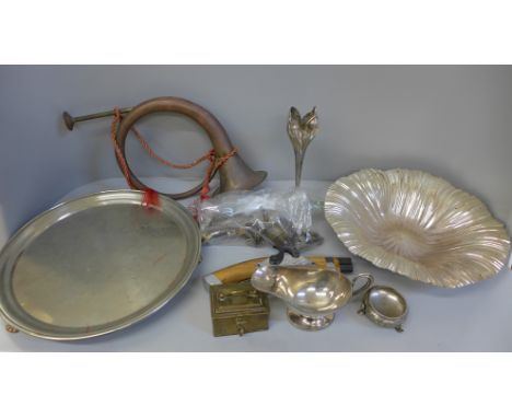 A WMF plated tray, metalwares, a military bugle, etc. 