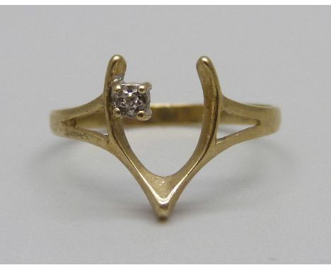 A 9ct gold diamond set wishbone ring, 1g, M 