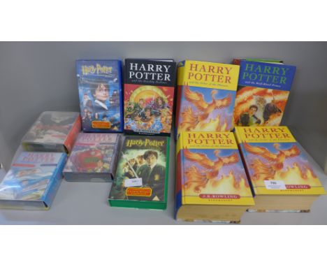 Five Harry Potter First Edition books, cassettes and two VHS films 