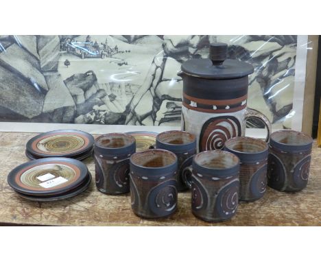 A Briglin Pottery glazed six setting coffee set 