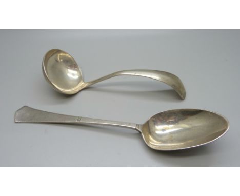 A Dutch silver dessert spoon and Dutch silver ladle, 131.6gms 