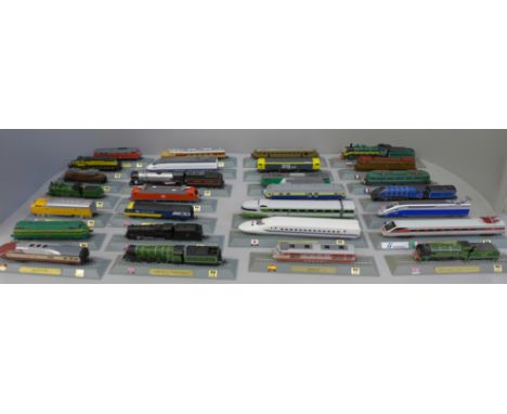A collection of thirty-four N gauge model railway locomotives for display 