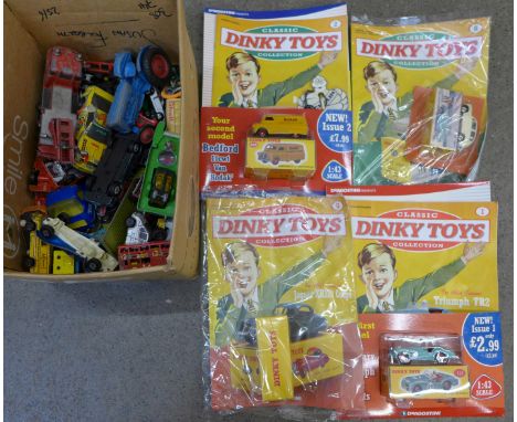 Four DeAgostini Dinky Toys reproduction vehicles with magazines, and a collection of playworn model vehicles 