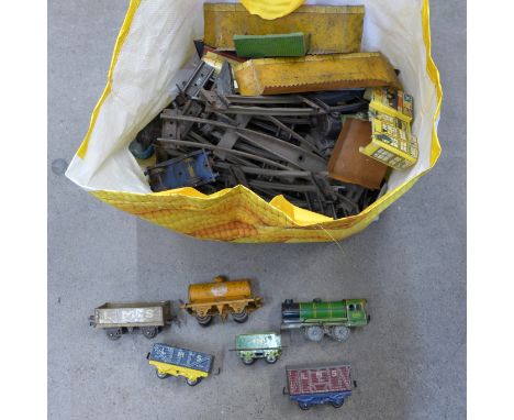 A collection of tin plate model rail including Hornby 