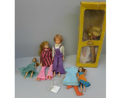 Two Palitoy dolls, one marked 'Palitoy Hong Kong', a Topper doll, and one other marked Hong Kong, with a Pelham puppet 