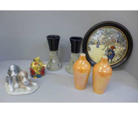 A pair of Lovatts Langley vases, one a/f, a pair of Fieldings lustre vases, one a/f, a Nao figure, an Old Tupton Ware preserv